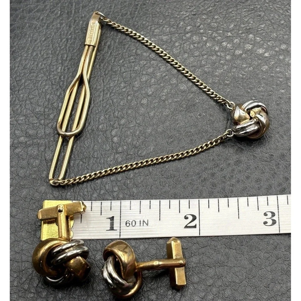 Vintage Swank Two Tone Knot Cufflinks Tie Clip Bar Set Gold Tone